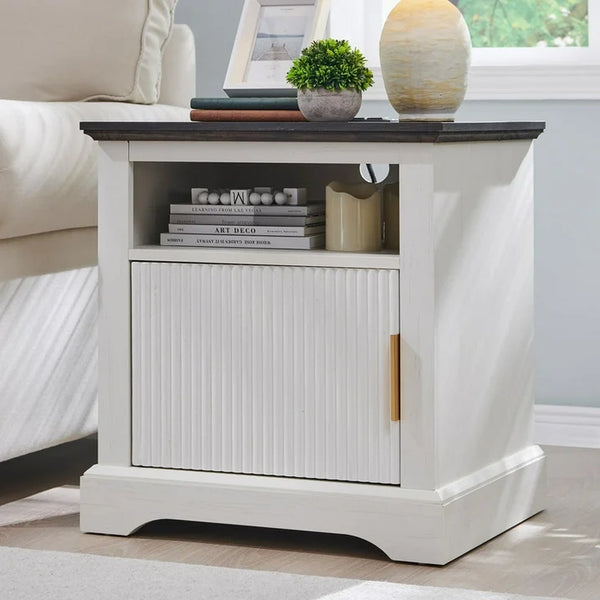 Fluted Nightstand with Charging Station, 22" Large Modern Side Table, Wood End Table w/Open Shelf & Spacious Tabletop, Bedside Table with Storage Space for Bedroom, Living Room (Light Brown)