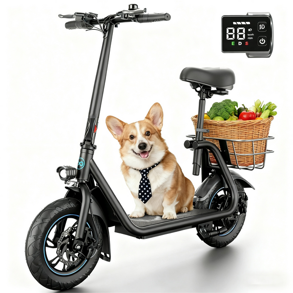 Awwscooter C1 Electric Scooter with Seat for Adults, 450W Powerful Motor, 20 Mile Long Range, 16 Mph Foldable Commuter E-Scooter with Basket for Daily Commute, Grocery, or Pet Travel – Classic Black