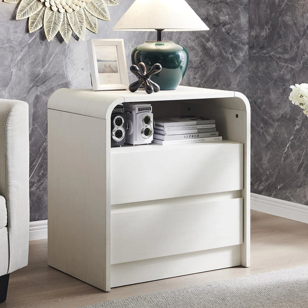 25" Nightstand with Charging Station, Curved Profile Design Wood Bedside Table, 2 Drawers