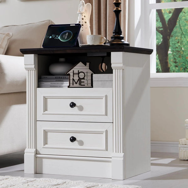 26" Nightstand with Charging, 23.6" Farmhouse Table Open Shelf & 2 Drawers