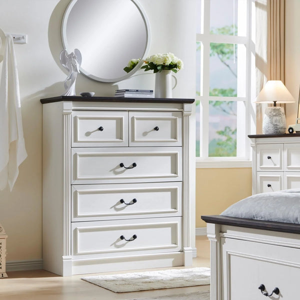 46" Farmhouse Dresser with 5 Drawers, Rustic Wood Closet Storage with Roman Column for Bedroom