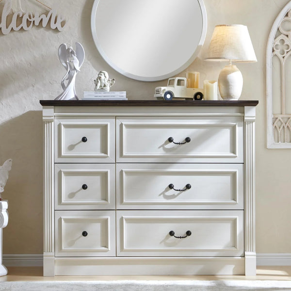 48" Farmhouse Dresser with 6 Drawers, Rustic Wood Closet Storage with Roman Column for Bedroom