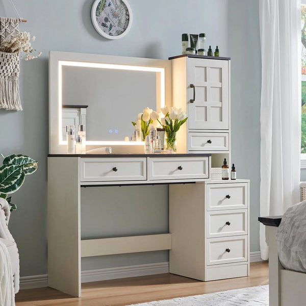 Farmhouse Vanity Desk with Touch Screen LED Mirror, 47" Big Make Up Table with 6 Drawers, Glass Top, Charging Station, Rustic Wood Dressing Table w/3 Color Available