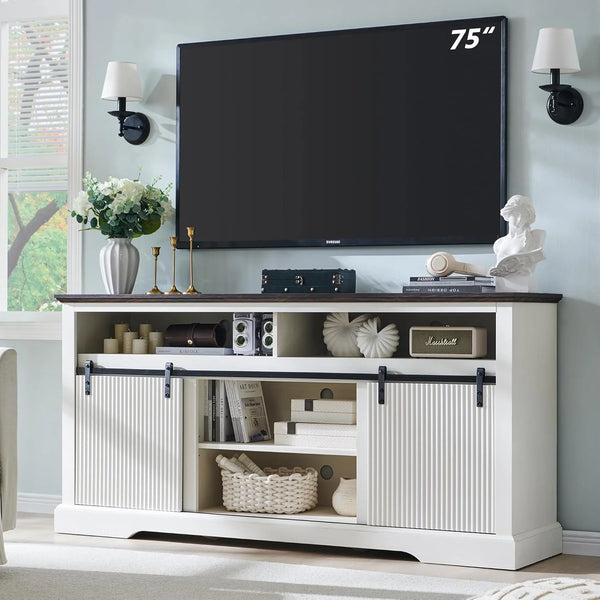 TV Stand for 75" TVs with Sliding Door, Adjustable Shelf & Storage, 32"Tall Modern Media Console for Living Room