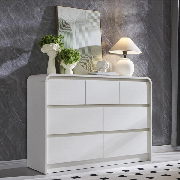 Modern 7 Drawer Vertical Dresser - 47'' Wood Storage Cabinet with Assembly, Chest of Drawers for Bedroom & Living Room