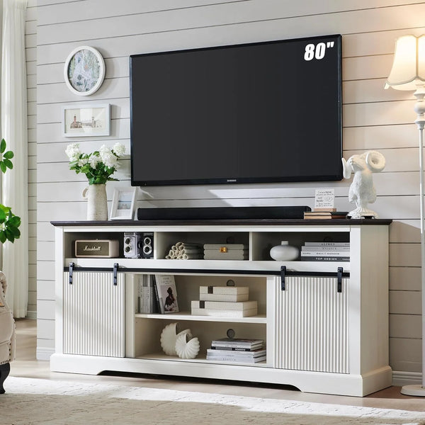 TV Stand for 80" TVs with Sliding Door, Adjustable Shelf & Storage, 32"Tall Modern Media Console for Living Room