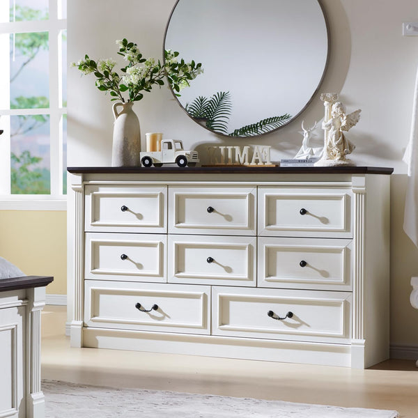 61" Farmhouse Dresser with 8 Drawers, Rustic Wood Closet Storage with Roman Column for Bedroom