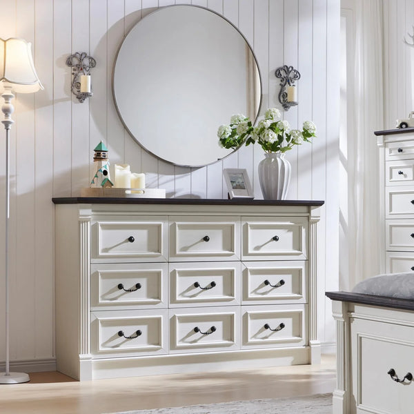 55" Farmhouse Dresser with 9 Drawers, Large Rustic Wood Closet Storage with Roman Column for Bedroom