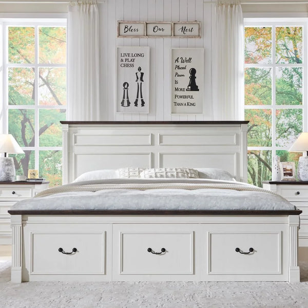 King Size Bed Frame with 51" Tall Headboard, 20" Roman Footboard, 3 Storage Drawers, No Box Spring Needed