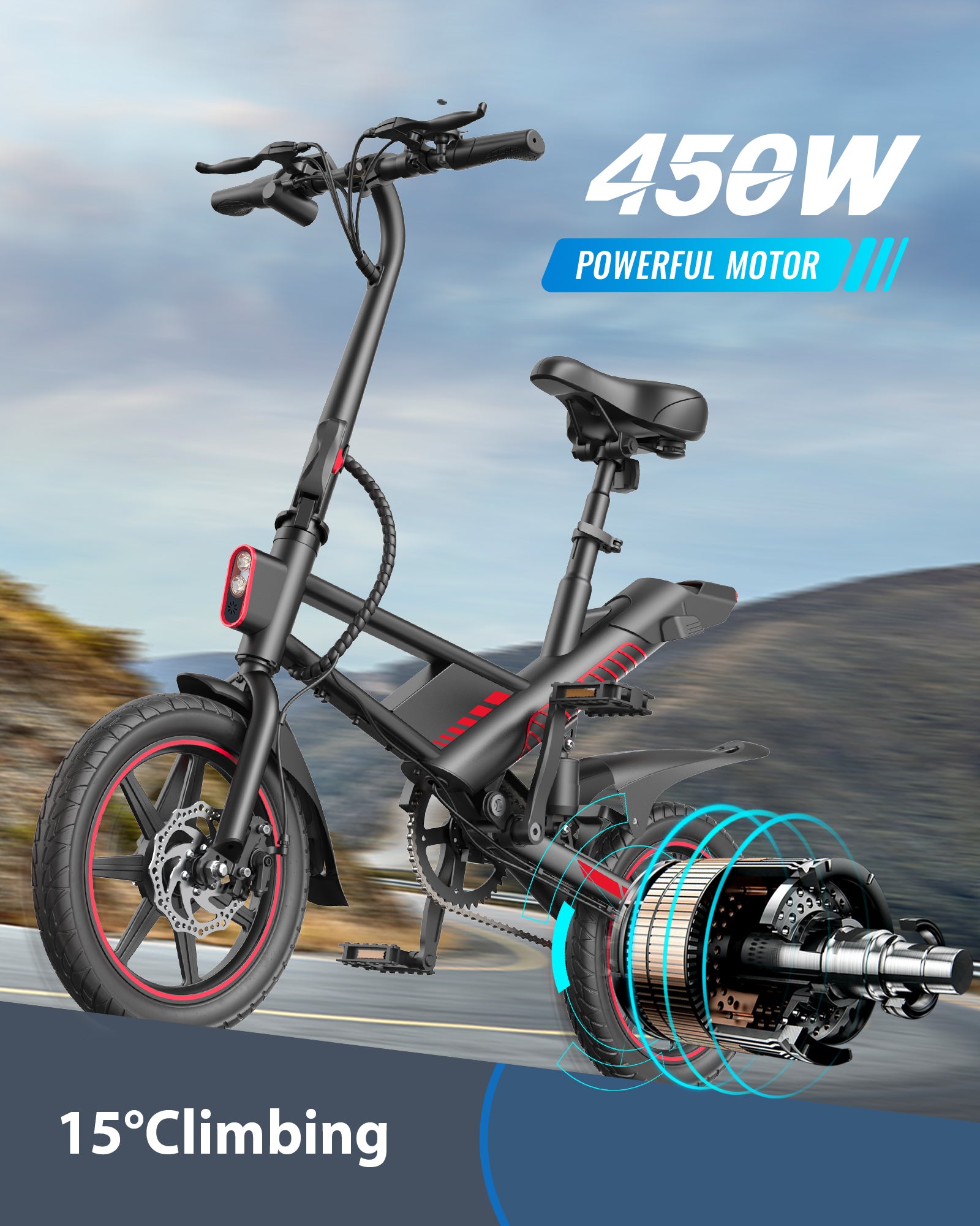 MIHOVERC3 Electric Bike 450W with 14" Tires, up to 38 Miles 18.6MPH