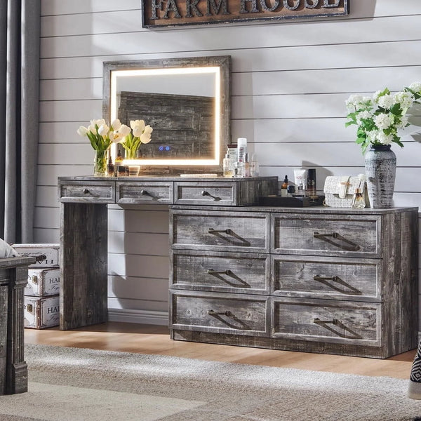 69" W Big Vanity Desk with Glass Top, Farmhouse Makeup Table with 9 Large Storage Drawers, Rustic Wood Bedroom Dressing Table w/3 Color Available Light & 30" HD Led Mirror,White