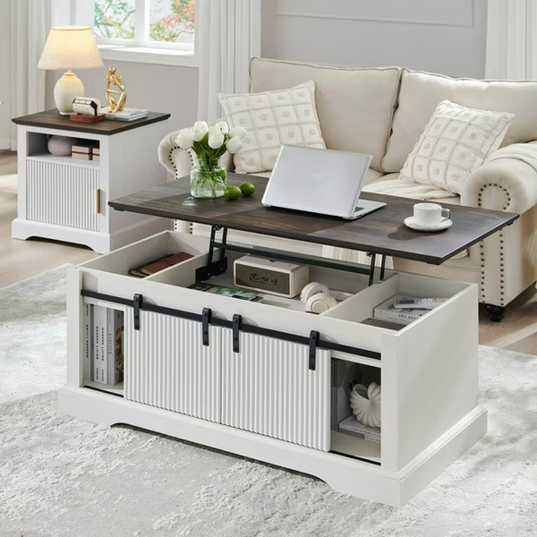 46" Fluted Lift Top Coffee Table with Sliding Door, Modern Center Table w/Adjustable Storage Shelf & Hidden Compartment, Coffee Table Converts to Dining Table for Living Room, Office