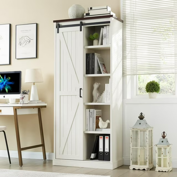 72" Tall Farmhouse Bookshelf, 32" Wide Large Modern Wooden Bookcase with Sliding Barn Door, 5-Tier Display Cabinet with Adjustable Shelves