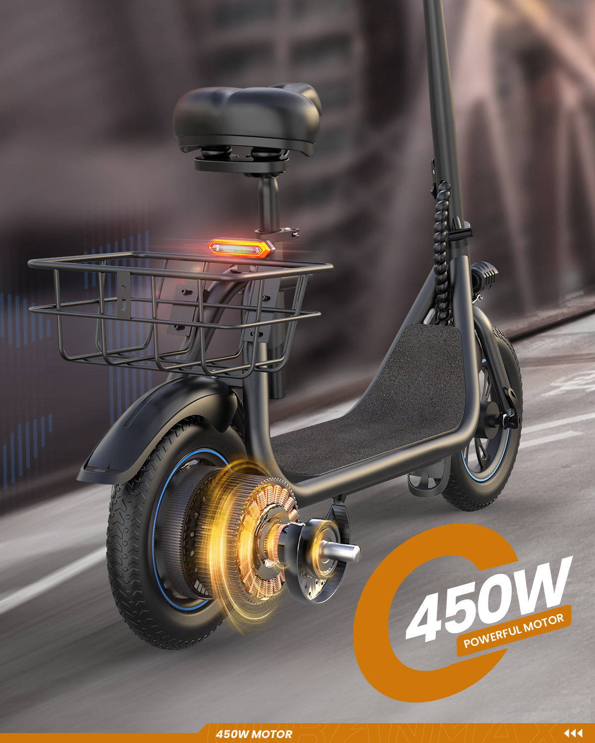 MIHOVER 450W Electric Scooter with Seat for Adult, 12 inch Commuter Electric Scooter with Basket and Adjustable Seat- up to 21 Miles 15.5MPH